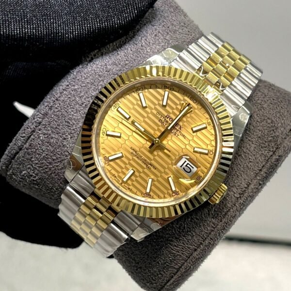 ROLEX OYSTER PERPETUAL DATE JUST 41 MM CHAMPAGNE DIAL GOLD PLATED JUBLIE BRACELET SUPER CLONE WATCH