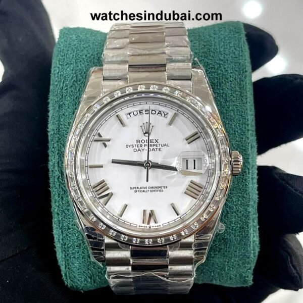Rolex 40 mm Day date , White Dial with diamond super clone replica watches in dubai